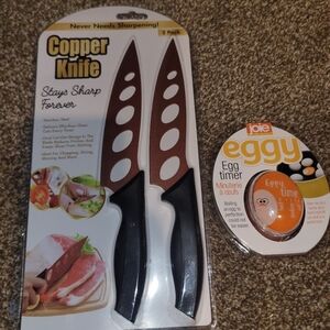 Copper Knife Set with Black Handles And Egg Timer